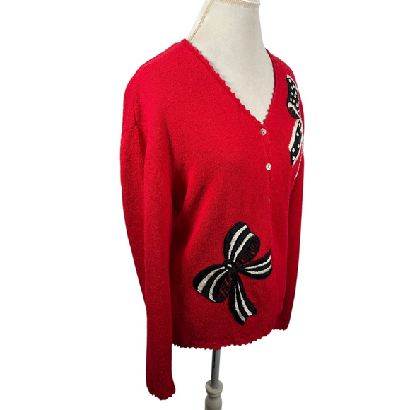 Vintage Susan Bristol Red Button Cardigan Embroidered Bows V-Neck Cute Size M - Picture 10 of 12